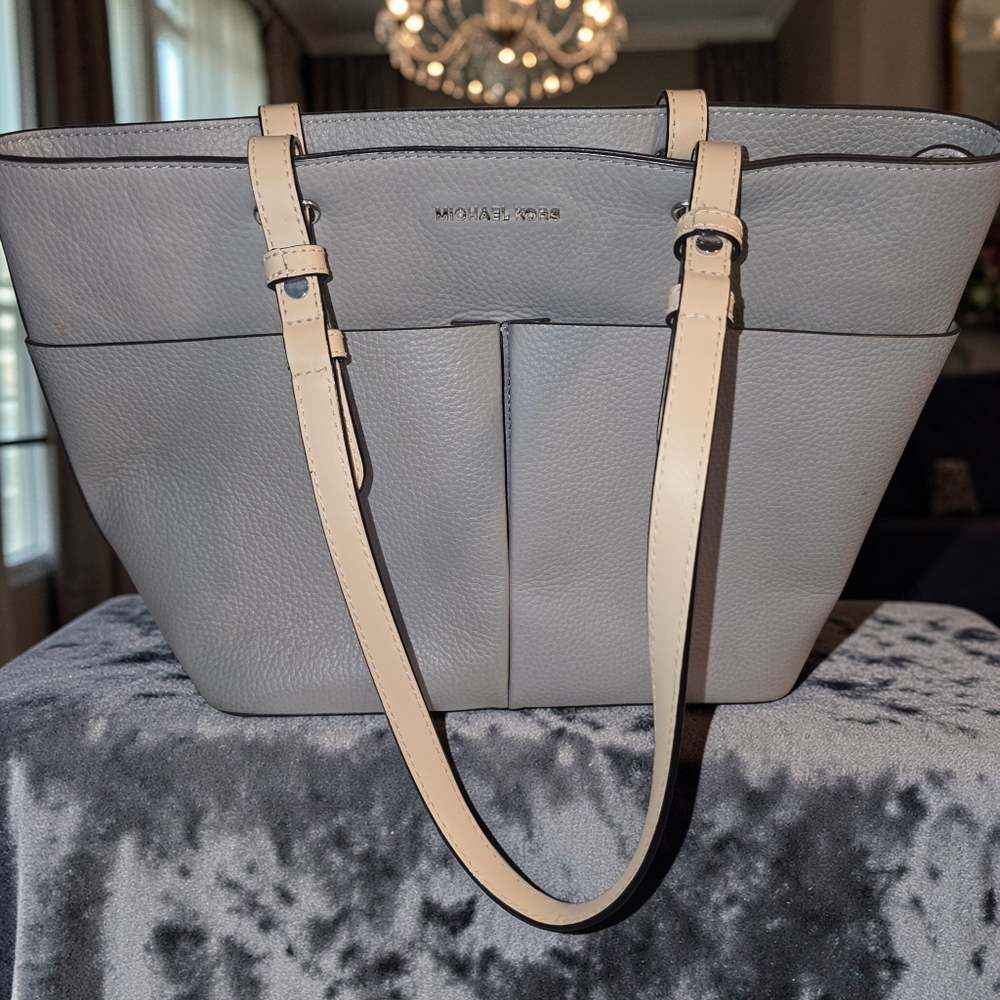 Michael Kors Pebbled Leather Tote Gray & Beige Large Shoulder Bag Authentic - Picture 8 of 8